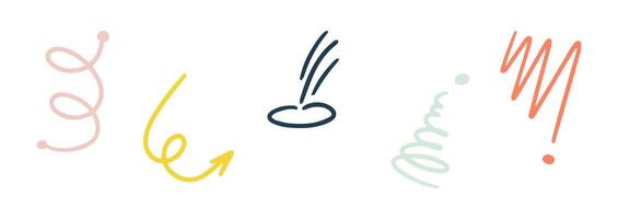Hand drawn pencil curve line, zigzag, arrow, wave, curls. charcoal smears, dots arrows. Underline color pen set. Doodle style sketch lines. Marker wavy strokes with rough edges on white vector