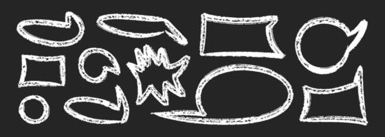 Chalk speech bubble set. Crayon dialogue cloud frame different forms by pencil or marker. Circle, heart, abstract talk cute charcoal box. Doodle illustration on black background vector