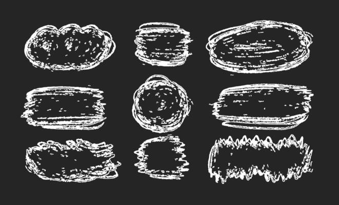 Hand drawn chalk Grunge Scribble Set. Ink Brush Stroke Textured Shapes Isolated on Black Background
