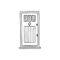 A front door of a terrace house with three windows and a door knocker. Drawn by hand in black sketch style. vector