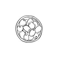 Olives in a bowl. Hand drawn sketch in black and white. vector