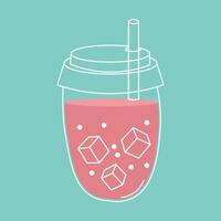 Flat style illustration of a pink cold drink in a glass jar with ice cubes and straw, ideal for summer beverage concepts, refreshing designs, and drink-related projects. vector