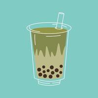 Flat style illustration of a green bubble tea drink in a clear plastic cup with a straw, featuring tapioca pearls and a wavy gradient design, ideal for beverage-themed projects and summer concepts. vector