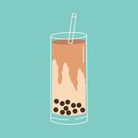 Flat style illustration of a tall glass of brown sugar bubble tea with tapioca pearls and a straw, ideal for beverage-related projects, cafe branding, and modern drink-themed designs. vector