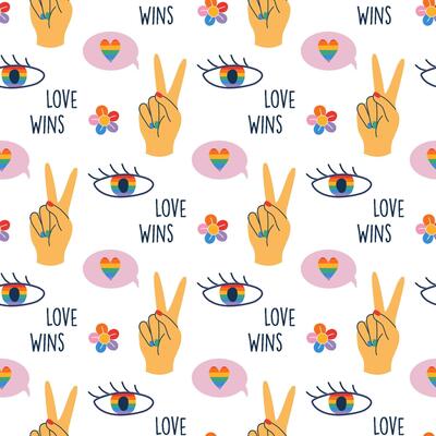 LGBTQ cute seamless pattern with peace hand gesture, eye, heart, flower and LOVE WINS text. Love and Pride cheerful rainbow colored background. Hand drawn flat design illustration.