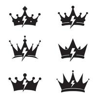 Diverse collection of black silhouette crown designs featuring a lightning bolt symbol for royalty and power imagery vector
