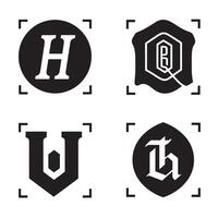 Set of four stylized custom initial logo designs in black silhouette form for brand identity and graphic design purposes. vector