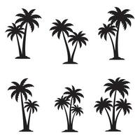 Collection of stylized black silhouette palm trees with varying shapes and arrangements against a pure white background. vector
