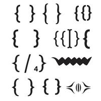 Assortment of curly brackets and decorative symbols in black silhouette forming stylish design elements on white background vector
