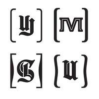 Bold gothic lettering compositions in black silhouette within square brackets displaying unique graphic elements vector