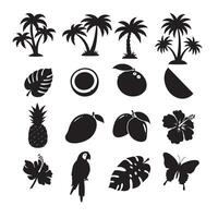 Collection of tropical silhouettes featuring palm trees fruits animals and foliage elements for design projects vector