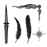 Elegant black and white illustrations of feather dagger decorative corner compass rose elements in silhouette vector
