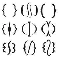 Collection of stylized bracket symbols and mathematical braces featuring diverse creative artistic interpretations in black and white silhouette vector
