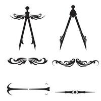 Elegant silhouette illustration set of decorative architectural design elements and drafting compass instruments. vector