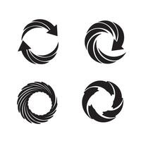 Four abstract circular arrows in black and white silhouette designs representing concepts of rotation and directional movement vector