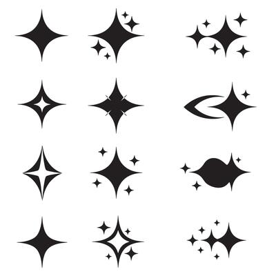 Collection of various stylized starburst silhouettes with different shapes for design and decorative purposes on a white background