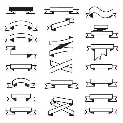 Collection of twenty diverse illustrated banners and ribbons in a simple silhouette style for graphic design elements