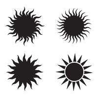 Four different black sun silhouette illustrations with varying designs on a white background perfect for creative artwork. vector