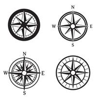 Four different compass illustrations in black and white showcasing directional navigation and geographical elements used for design projects. vector