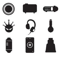Collection of various black isolated icons representing diverse technological devices and abstract shapes for design elements. vector