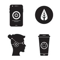 A set of graphic elements of technology, a leaf, a coffee cup and a cyborg face silhouette. vector