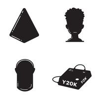 Set of y2k nostalgic icons featuring a pyramid a head an urban bag and a simple cylinder shape in black and white vector