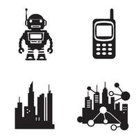 Futuristic technology and urban development silhouettes depicting robot mobile phone and cityscape elements in modern design vector