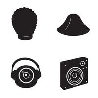 Black and white illustrations of a speaker headphones hat and an afro hairstyle silhouette vector
