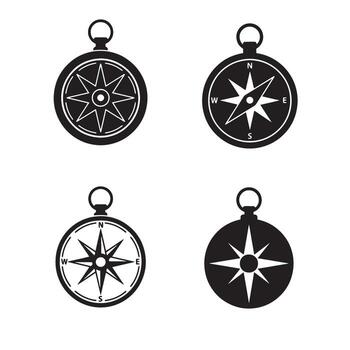 Set of four stylized black and white compass icons representing navigation and exploration elements vector