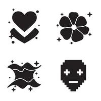 Simple black and white graphic design elements including a heart a flower and an alien face for various design purposes. vector