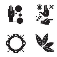 Black and white minimalistic icon collection featuring hand gestures and floral elements on a crisp white backdrop vector