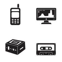 Simple illustration featuring technology and communications devices including retro cassette tapes mobile phones and data displays vector