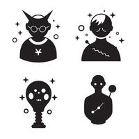 Artistic monochromatic illustration showcasing abstract human silhouettes with various unique characteristics and symbols in a minimalist modern style. vector