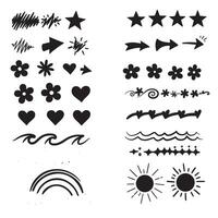 Collection of hand drawn design elements in black outlines for decorative and embellishment purposes vector
