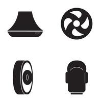 Four geometric silhouettes in solid black depicting abstract shapes including mechanical forms with white background vector