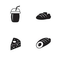 Black and white food icons depicting various items like a shake bread cheese and sushi roll for culinary themes vector
