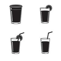 Collection of black and white illustrations of drinks including a coffee cup and juice with straw and citrus decoration vector