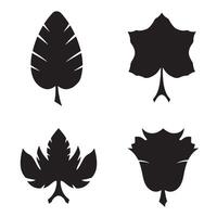 Set of four stylized black leaf silhouettes illustrating different leaf shapes and plant forms on a clean white background vector