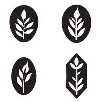 Minimalist botanical illustration featuring four distinct stylized plant leaves in various oval and geometric shapes against a clean white background. vector