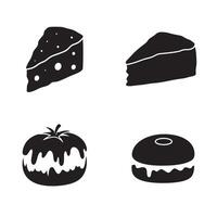 Simple black and white icons featuring cheese slices tomato and a pastry for design or food related concepts vector