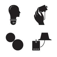 Set of four minimalist black icons illustrating ideas innovation tools and the creative process perfect for design concepts vector