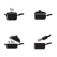 illustrations depicting cooking pots with various cooking stages and a whisk in a monochrome kitchen theme. vector