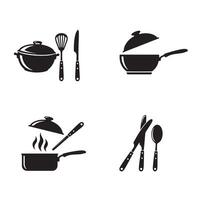 Simple black and white cooking utensils and cookware kitchen elements design illustration set against a blank background vector
