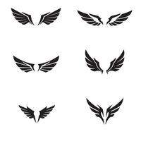 Set of six stylized black wings designs with different shapes and feather details against a white background vector