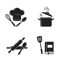 Set of four black and white kitchen icons including a chef's hat pot rolling pin cookbook and other cooking tools vector