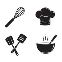 Simple black and white culinary icons featuring whisk chef hat spatulas and a bowl of soup with a spoon vector