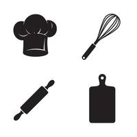 Black and white icons of culinary tools including chef's hat whisk rolling pin and cutting board isolated on white vector