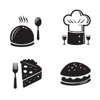 Simple black and white food and chef icons with classic restaurant elements and various cuisine represented in format vector