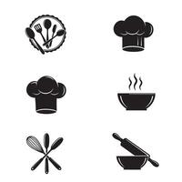 Collection of kitchen and cooking related illustrations featuring chef hats serving bowls and utensils in black and white vector
