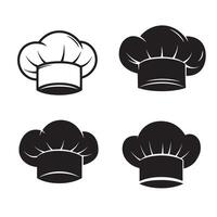 Black and white set of four chef's hats illustrations showing culinary symbols for restaurants and food service vector